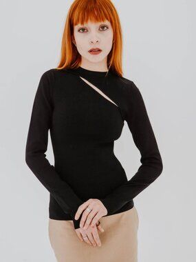 NWT VICTORIA BECKHAM BLACK STRETCH KNIT CUT OUT LONG SLEEVE TOP - 2